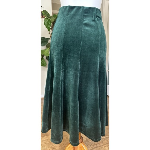 Green Velvet Midi Skirt XS High Waist Flowy A-Line Soft Holiday Party VTG Style - Picture 5 of 8